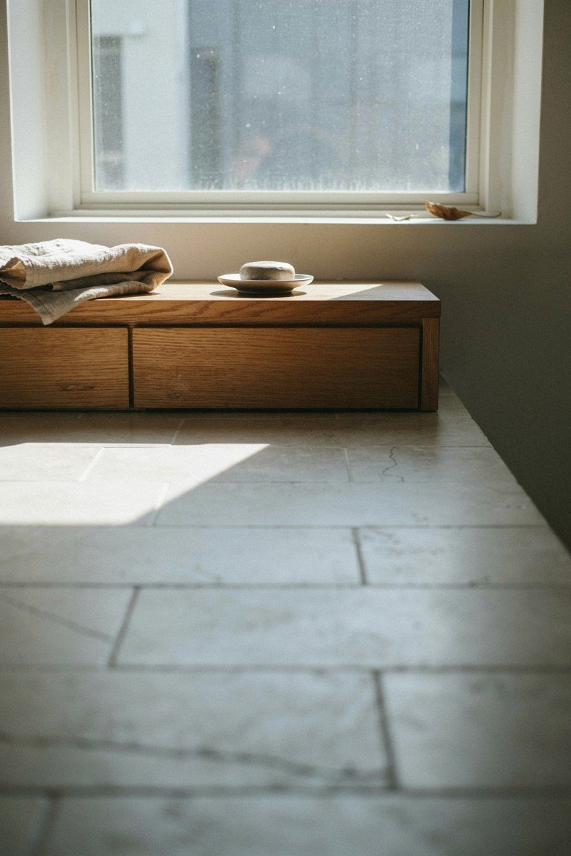 Low oak vanity positioned beneath a bathroom window to keep the glazing clear