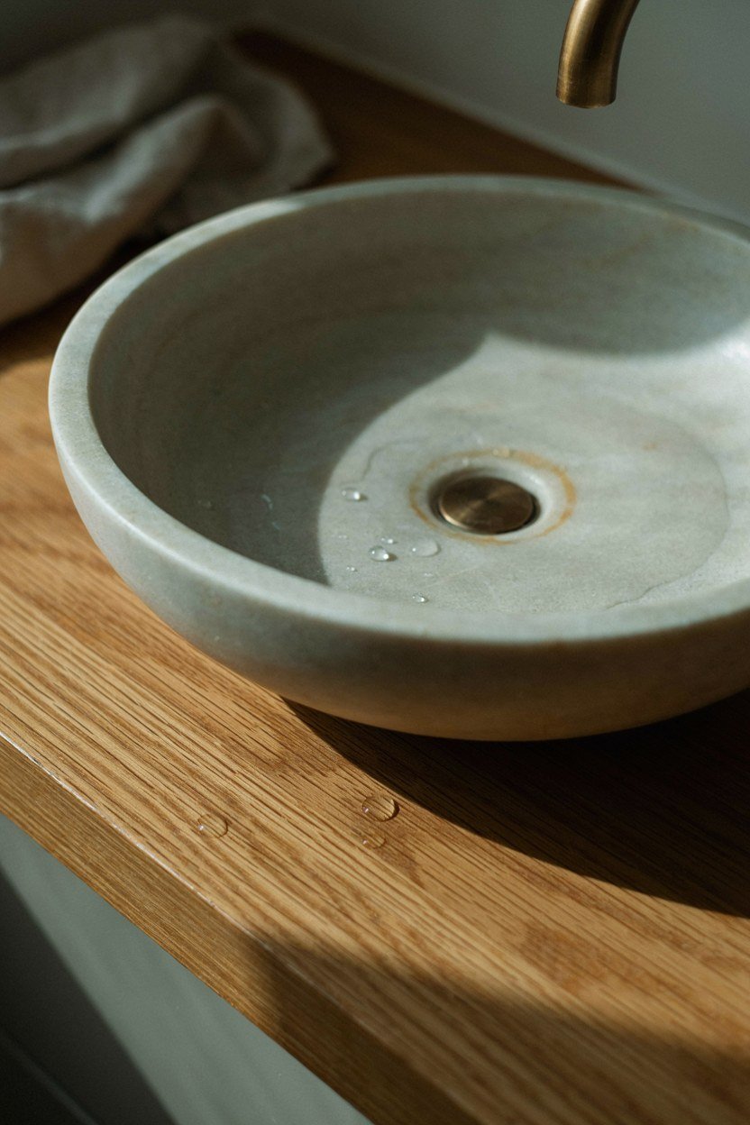 Shallow cast stone basin sitting on an oak vanity top