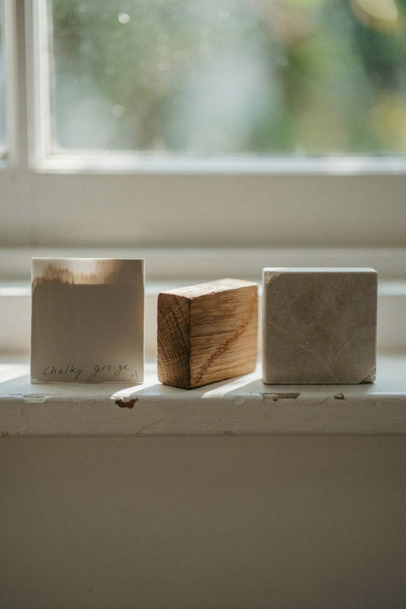 Paint card, oak offcut and stone tile arranged as a three tone palette