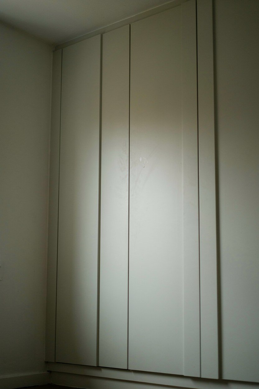 Floor to ceiling handleless storage painted the same colour as the wall