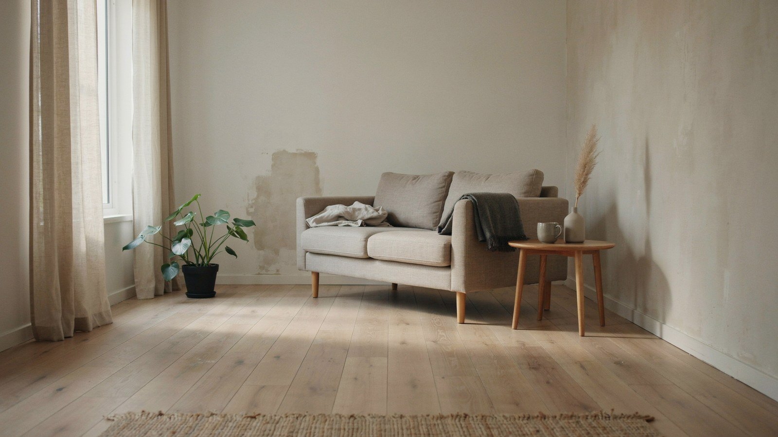 Japandi small space living room with low oak furniture and clear floor