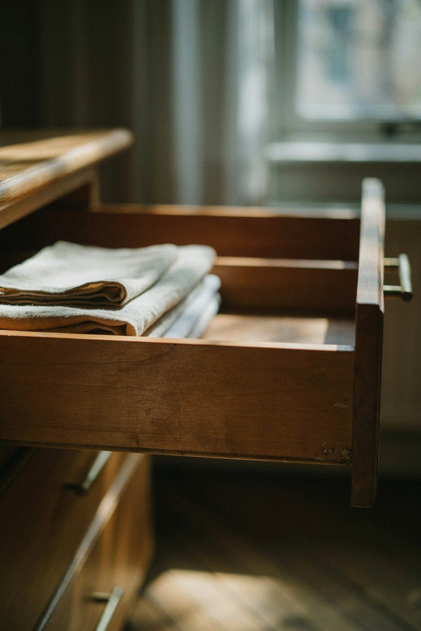 Drawer left deliberately part empty inside small flat storage