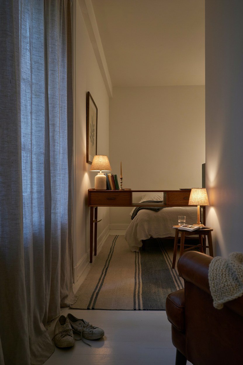 Studio flat zoned with a low sideboard and a rug instead of a wall