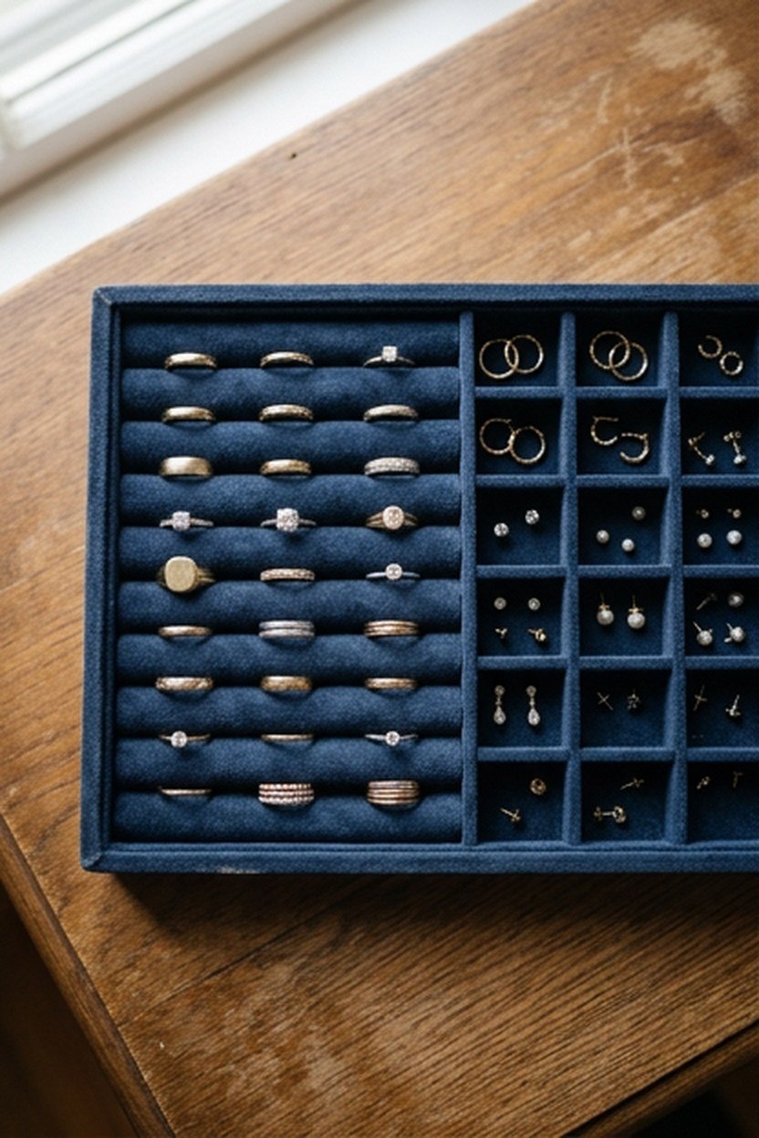 A jewelry organizer with individual compartments in a drawer