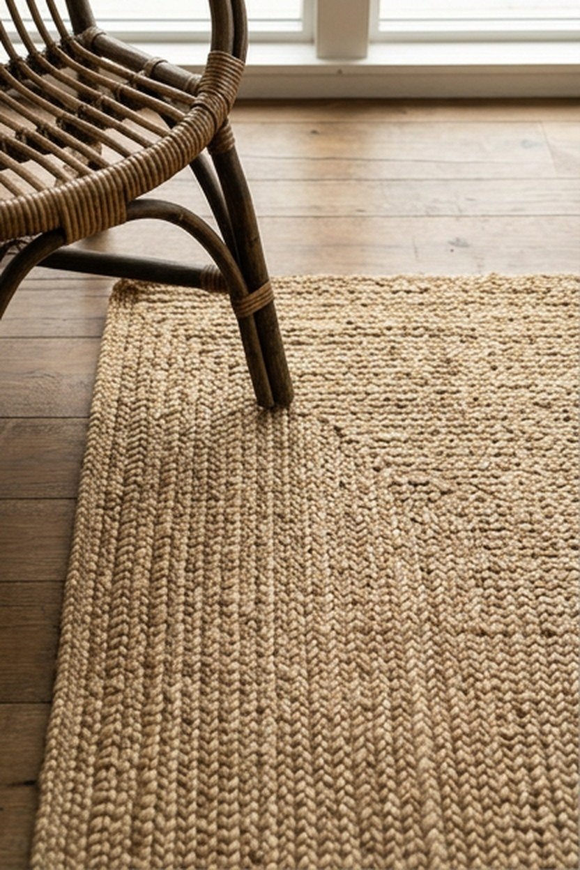 A woven jute area rug on a sunroom floor