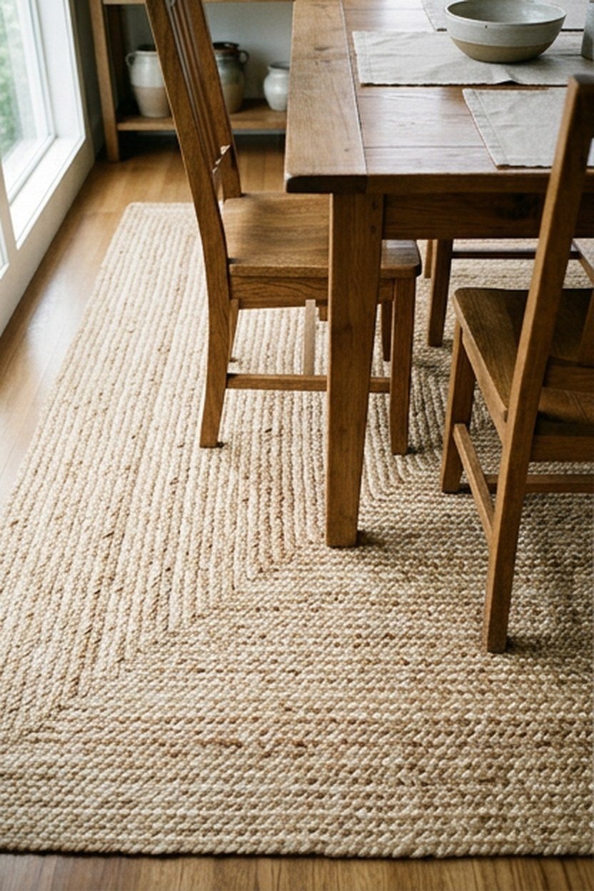 A woven jute area rug beneath a farmhouse dining table