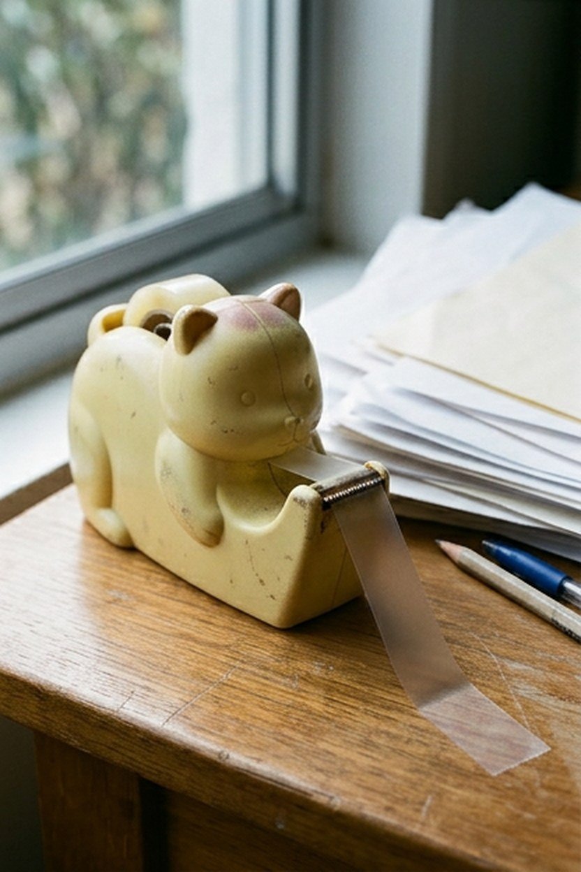 A small pastel character shaped tape dispenser with tape pulled out on a desk