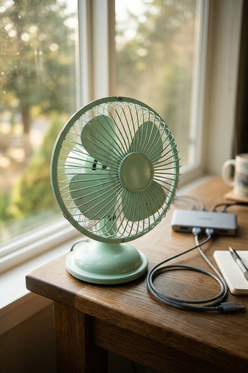 A small pastel desk fan with rounded blade guards sitting on a desk corner