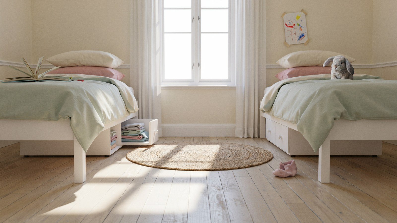 Shared kids bedroom with two mirrored twin beds either side of a window