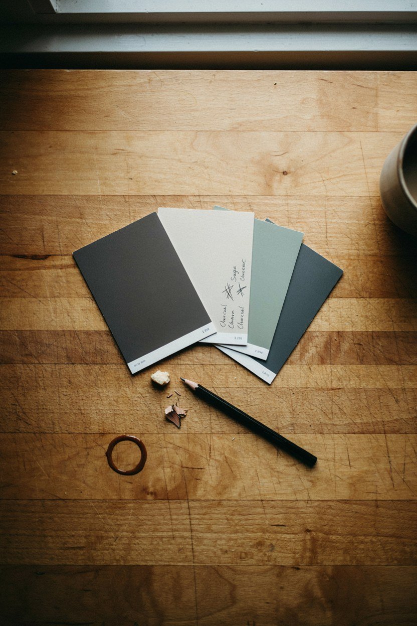 Paint sample cards laid across a kitchen worktop for comparison