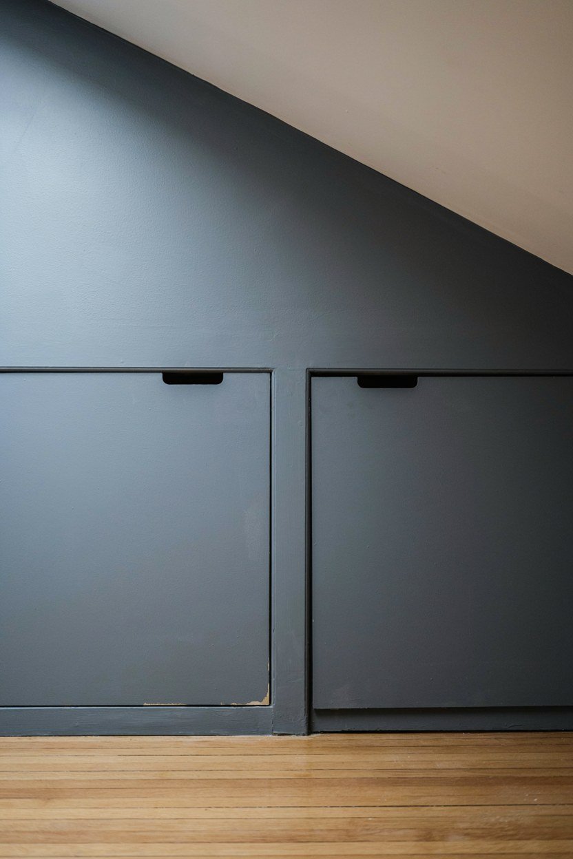 Storage doors set into a charcoal painted attic knee wall