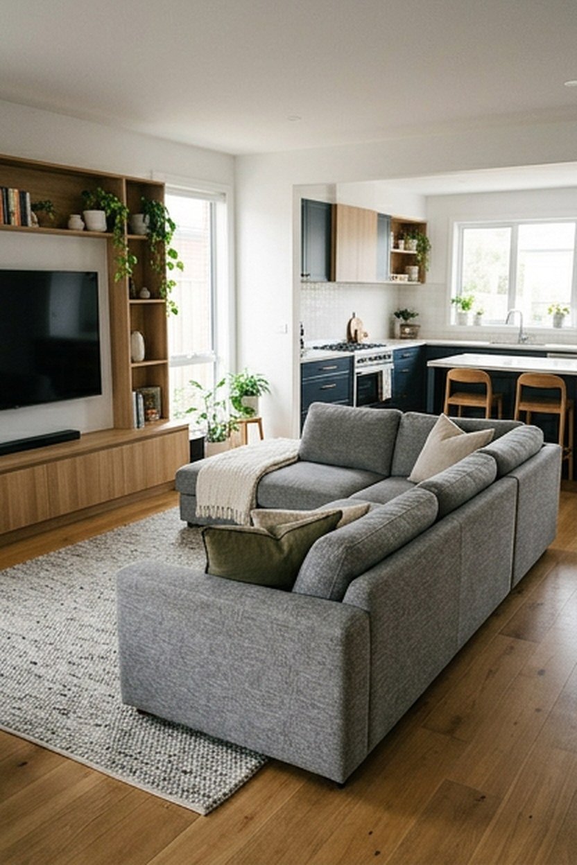 L-shaped sofa marking the edge of an open plan living room zone