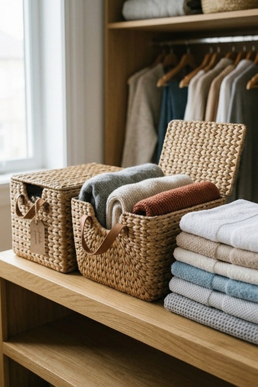 Labeled storage bins holding folded clothes on a closet shelf