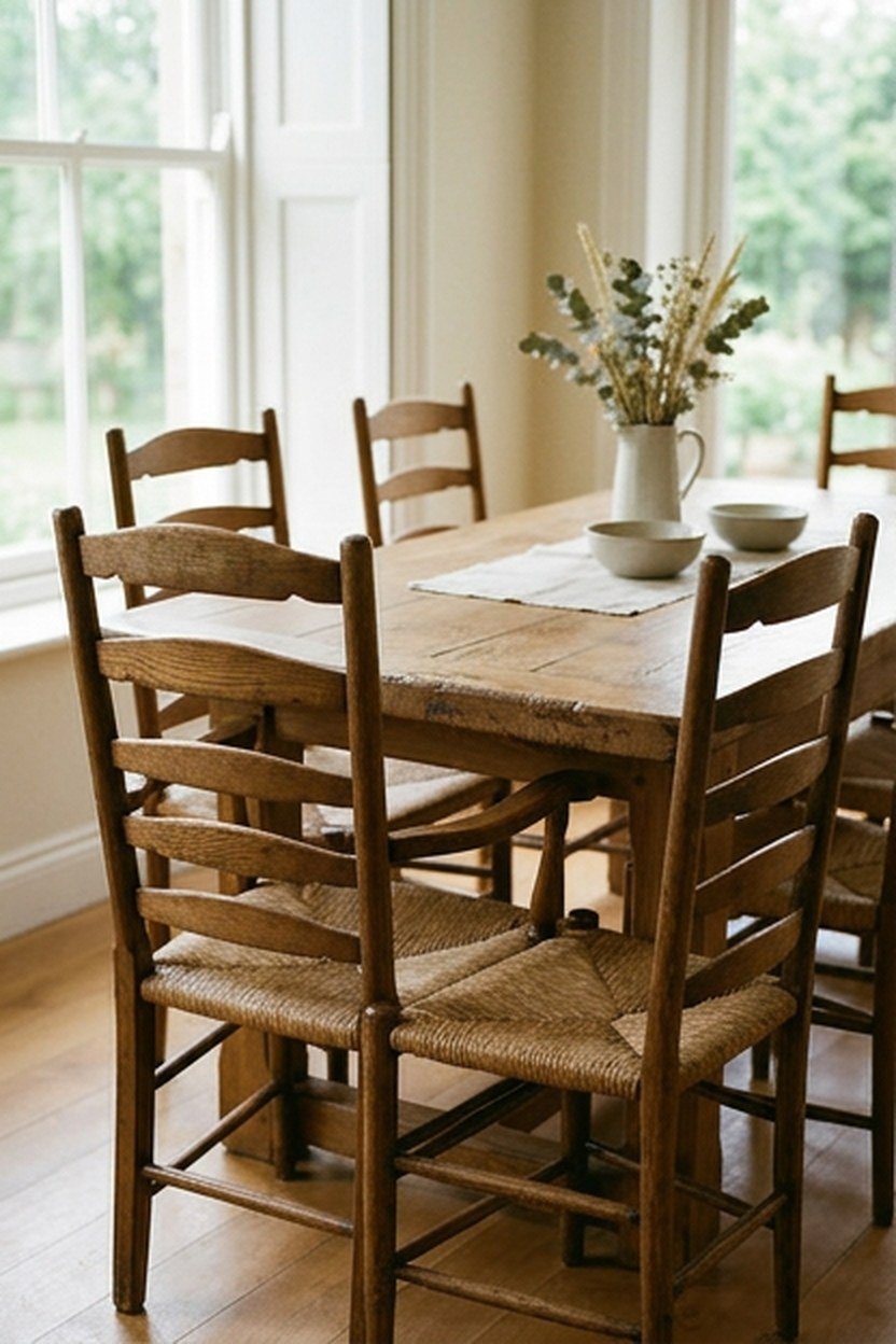 Ladder back Windsor style wood dining chairs around a farmhouse table