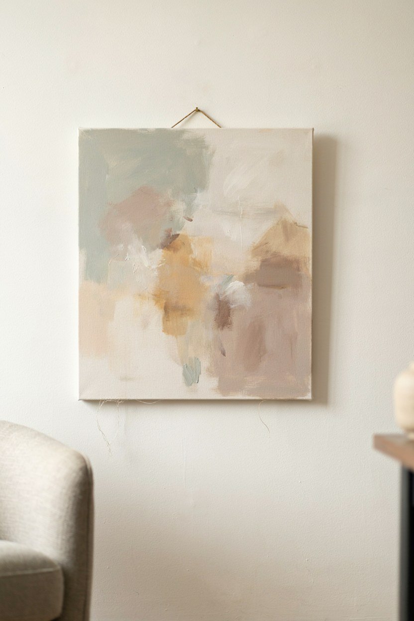 One large canvas hung with generous bare wall around it