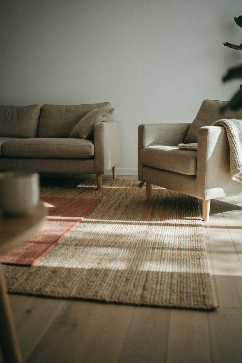 Large jute rug sized so every sofa leg sits on it