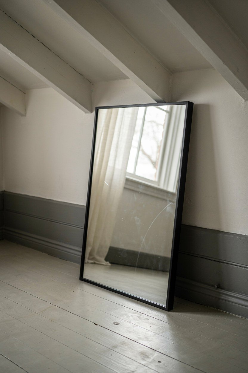 Large plain mirror leaning against a charcoal attic wall