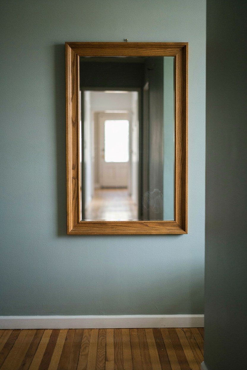 Large oak framed mirror hung on a sage entryway wall