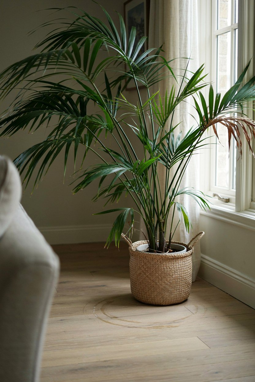 Large kentia palm in a rattan basket standing in a living room corner