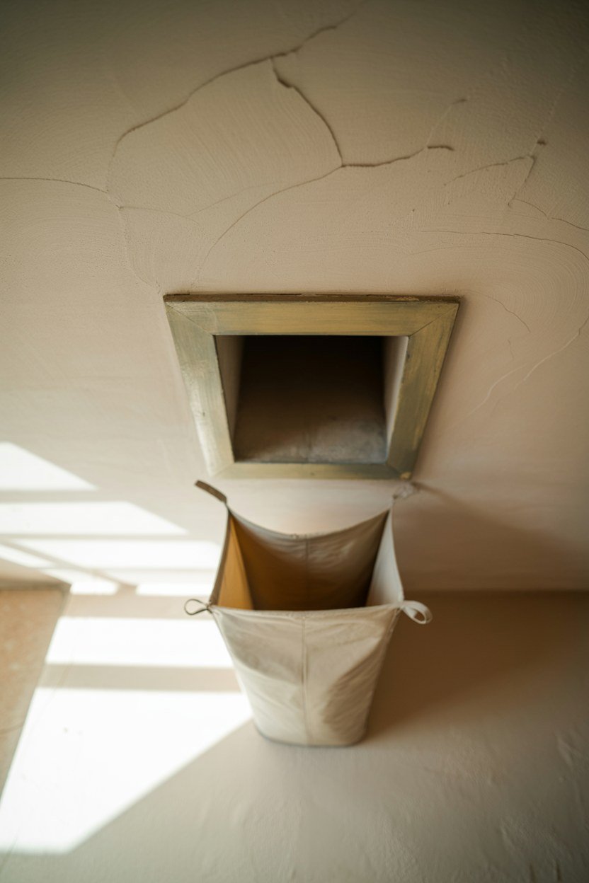 A laundry chute opening feeding into a sorting bin below
