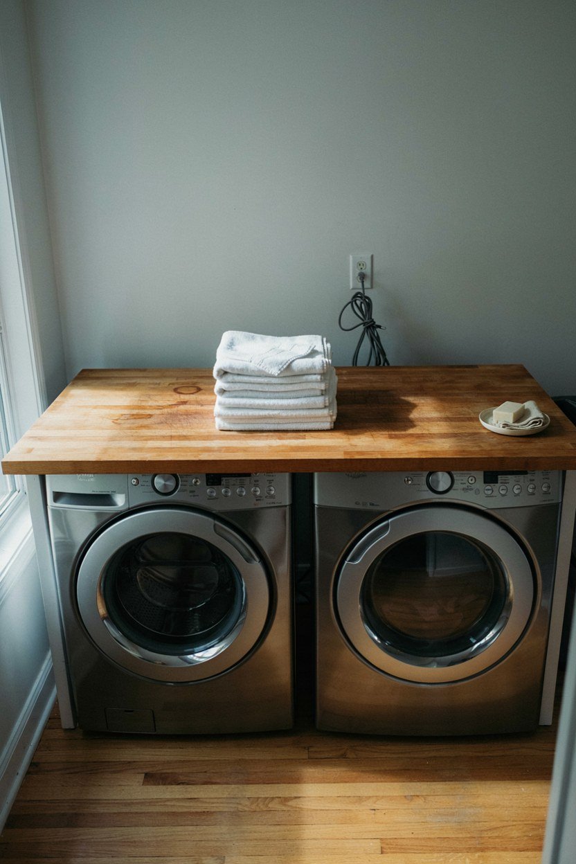 Wooden folding counter running across the top of two laundry machines
