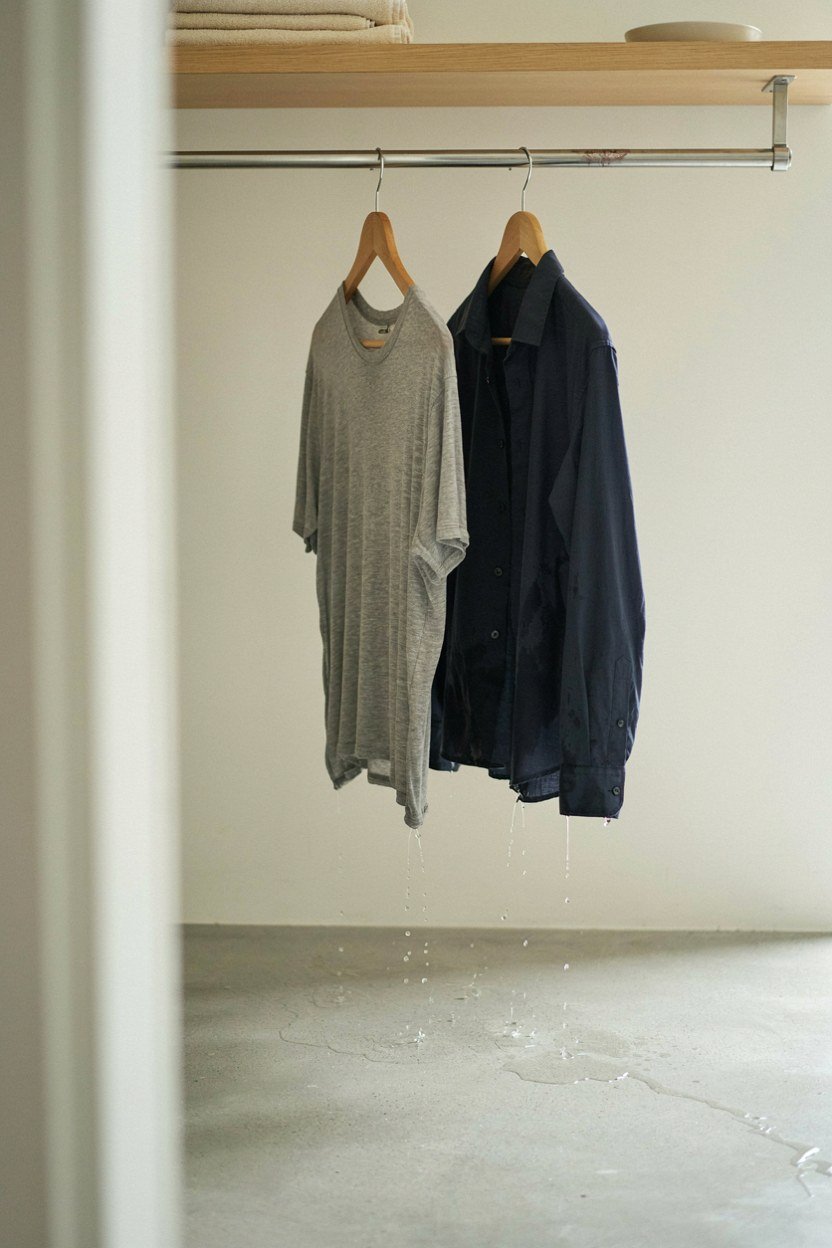 Short hanging rail fitted under a laundry shelf with damp shirts