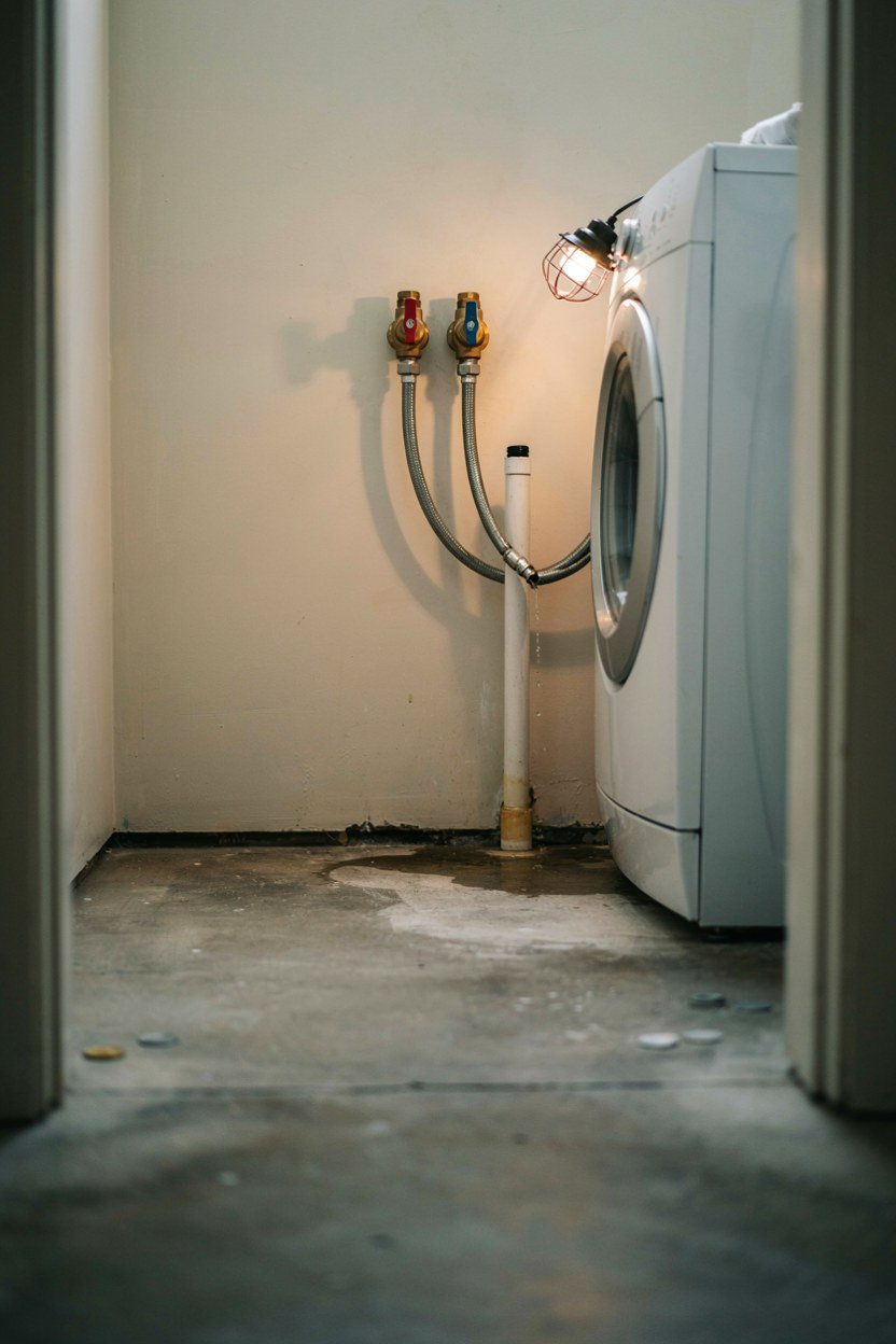 Hot and cold isolation valves and waste pipe behind a washing machine