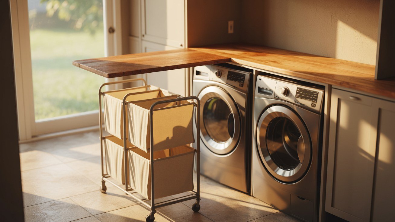 A laundry room with a rolling three bin sorter and a fold down counter