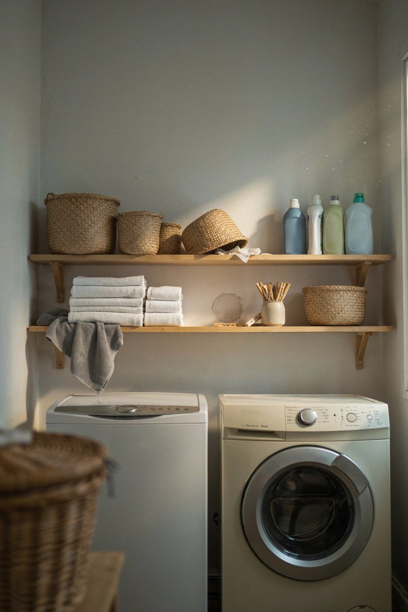 Open shelving above laundry machines holding baskets and detergent