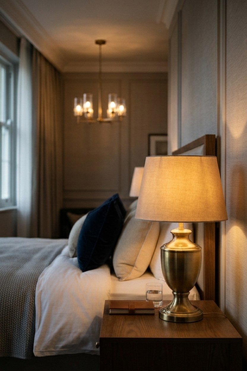 Layered ambient and task lighting in a modern luxury bedroom