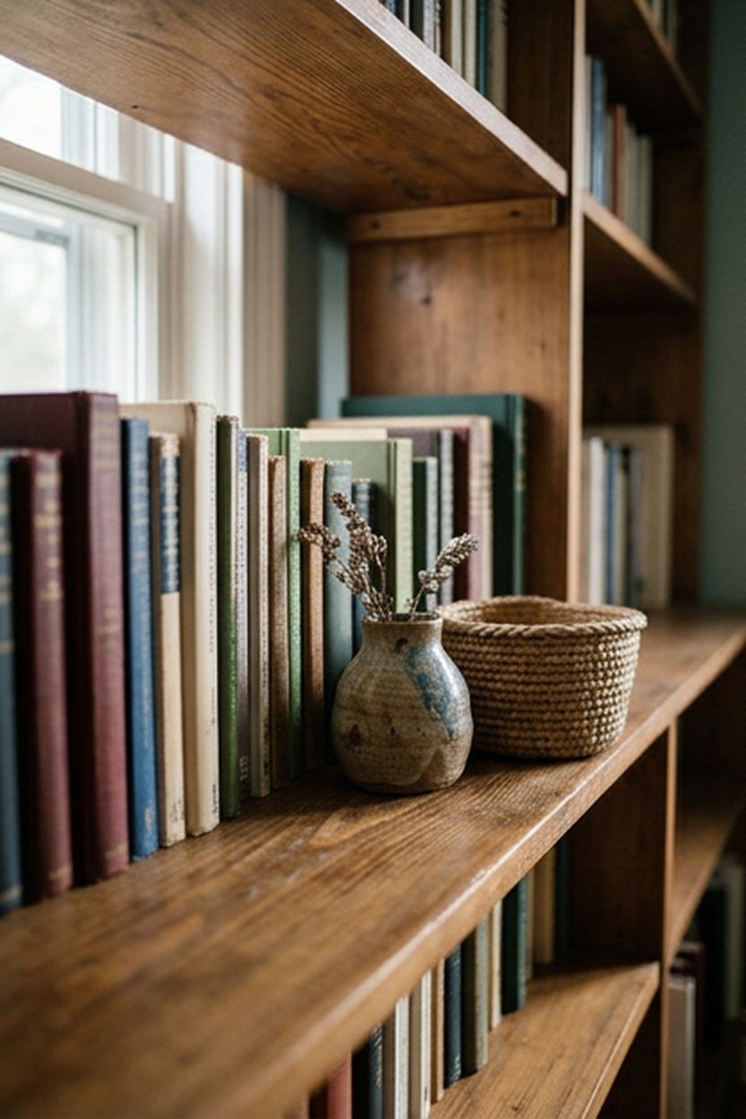 A layered bookshelf with mixed materials in a home office