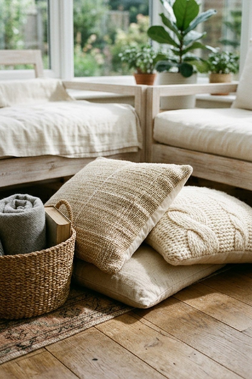 Layered floor cushions arranged for casual seating in a sunroom