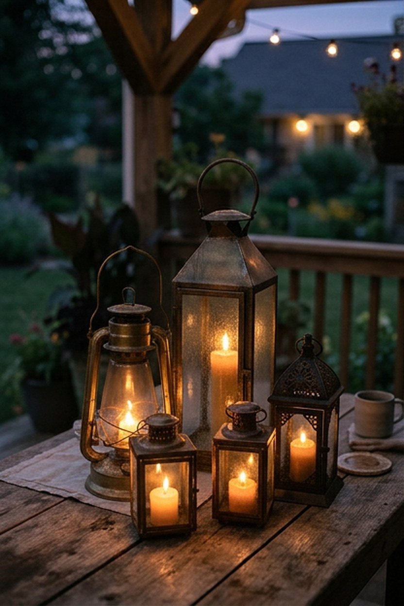 Layered lanterns with cinnamon toned candles on a porch table