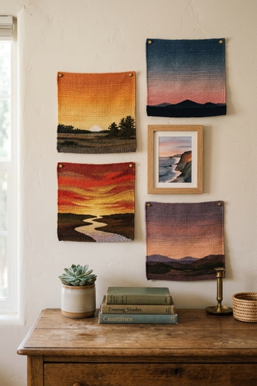Layered mini sunset tapestries arranged in a gallery wall effect