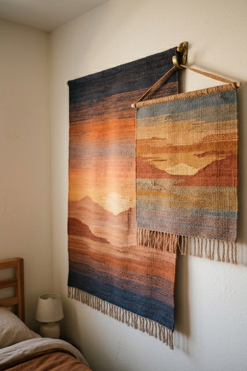 Layered sunset tapestries of varying sizes arranged on a wall
