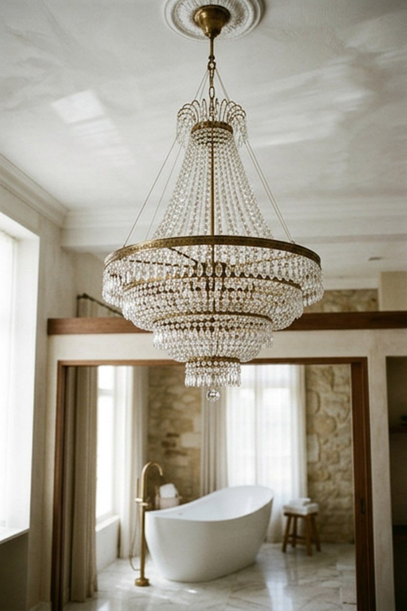 A layered tiered chandelier in a bedroom with tall ceilings