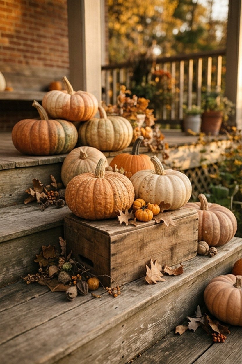 Layered toasted cinnamon and cream pumpkins arranged by porch steps