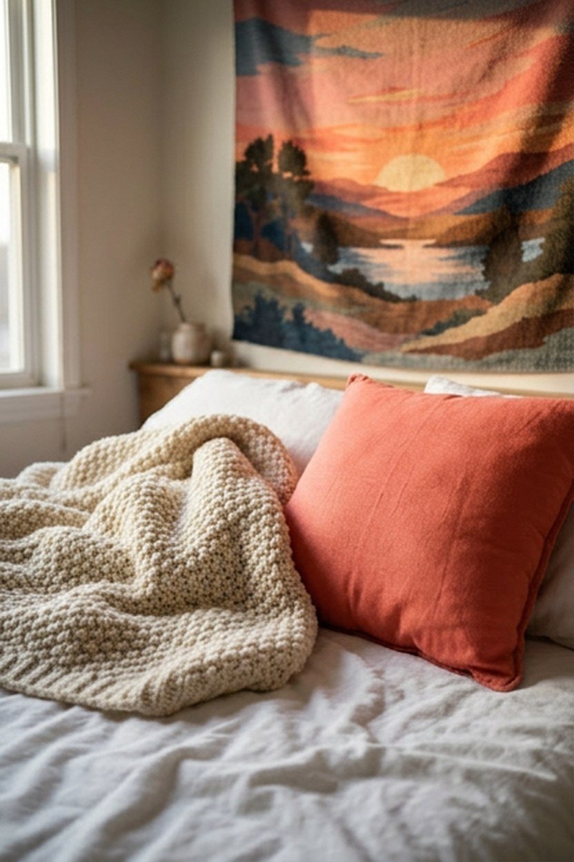 Layered warm toned textiles coordinated with a sunset tapestry