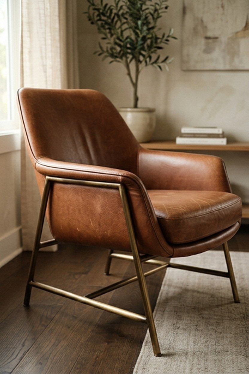 A leather and brass accent chair in a library reading corner