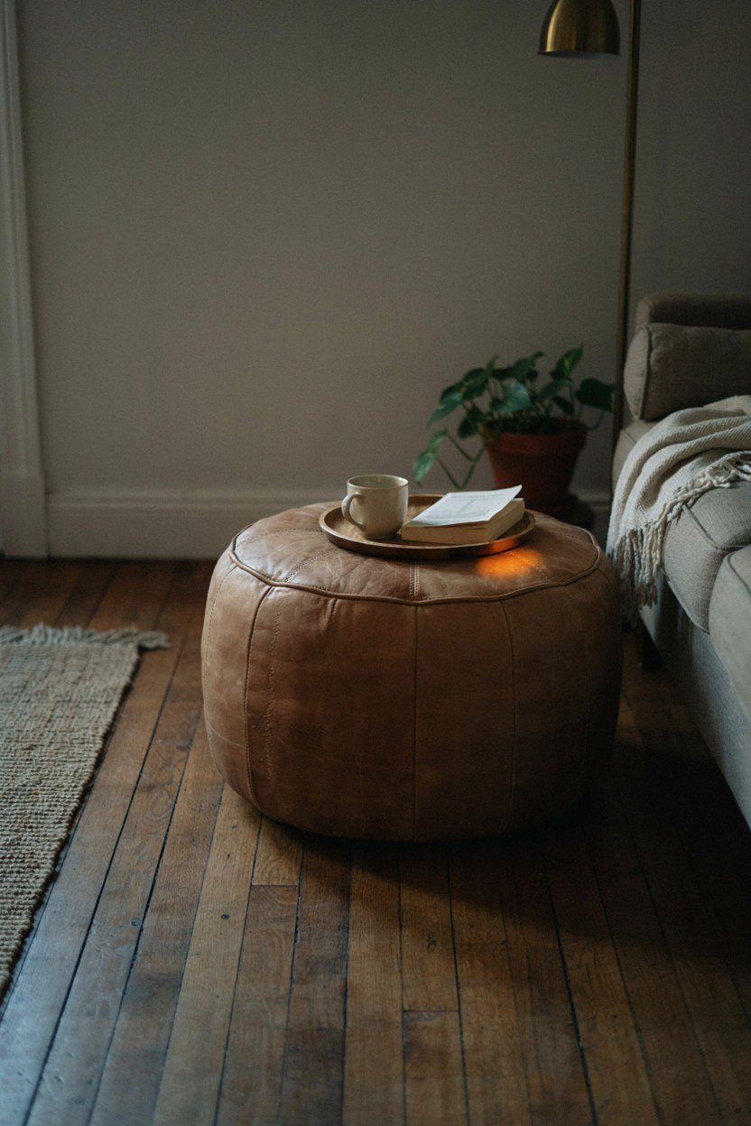 Low leather pouffe used as extra seating beside a sofa