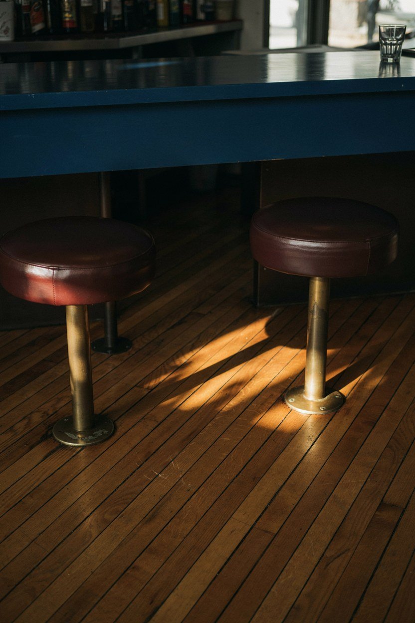Two backless leather stools tucked under a midnight blue bar overhang