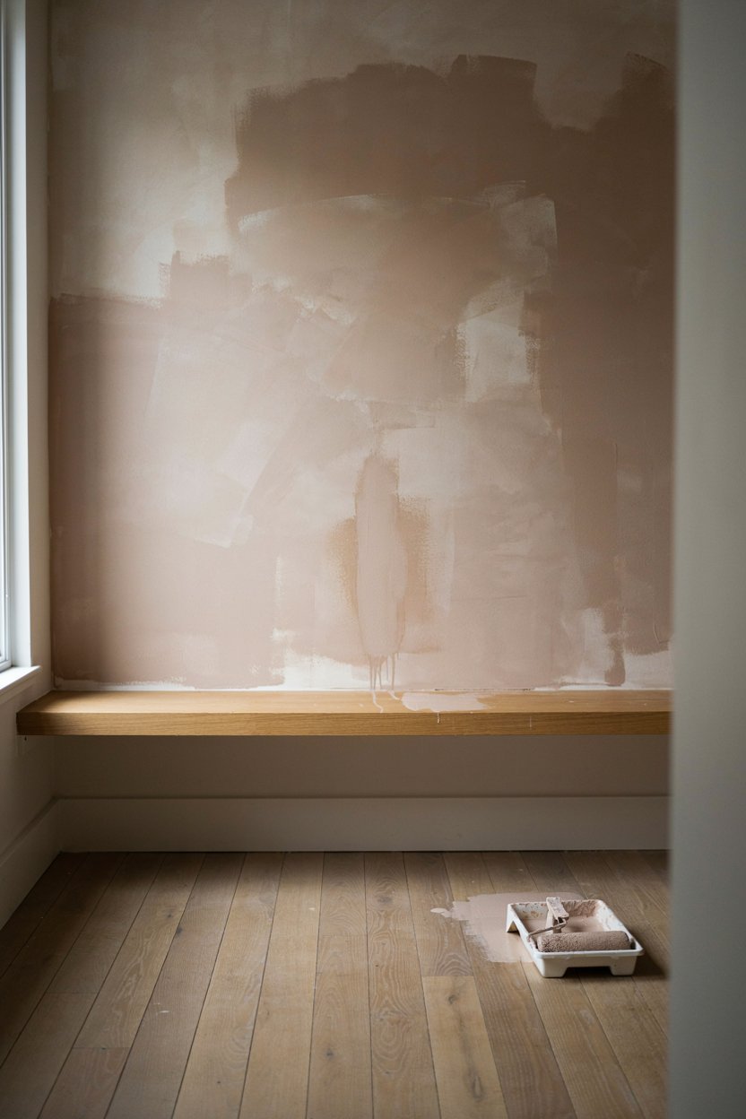 Limewash painted wall showing soft cloudy texture behind a simple wooden bench