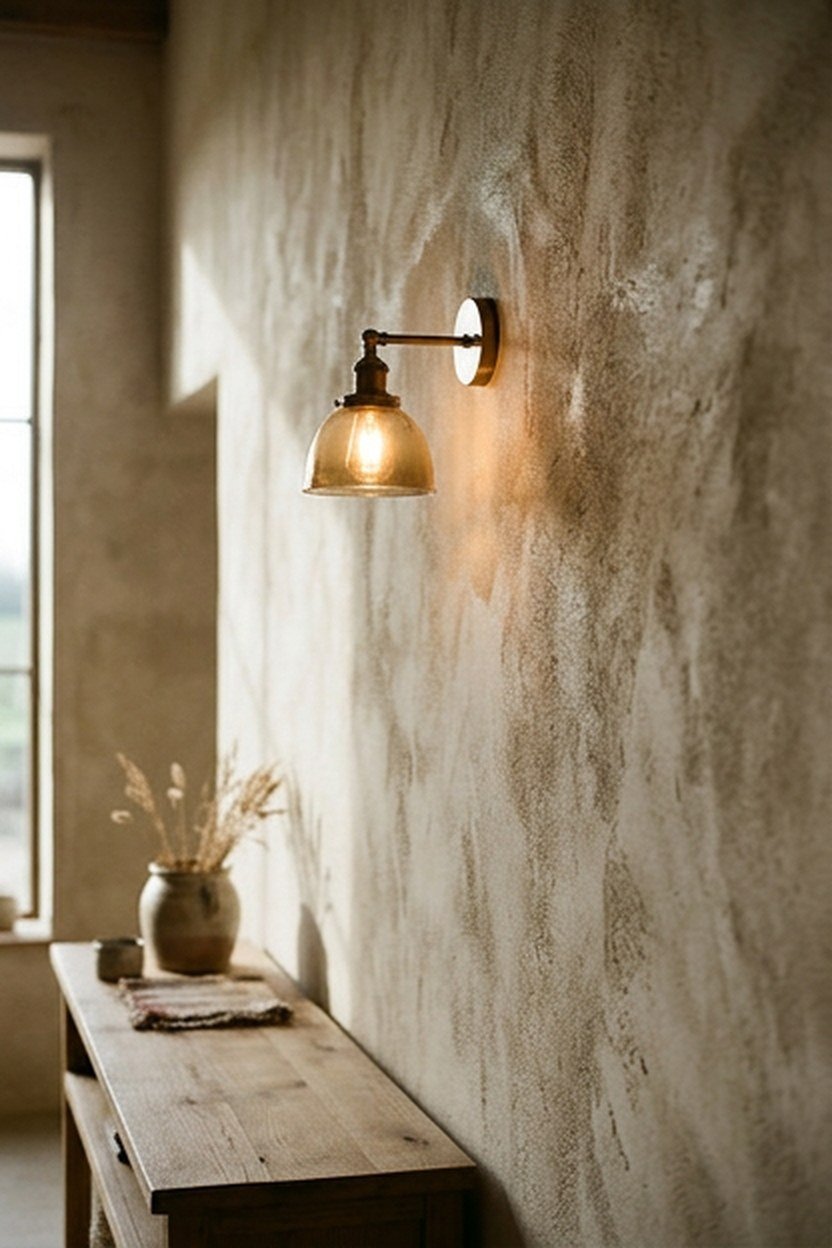Limewashed textured wall adding warmth to a minimalist living room
