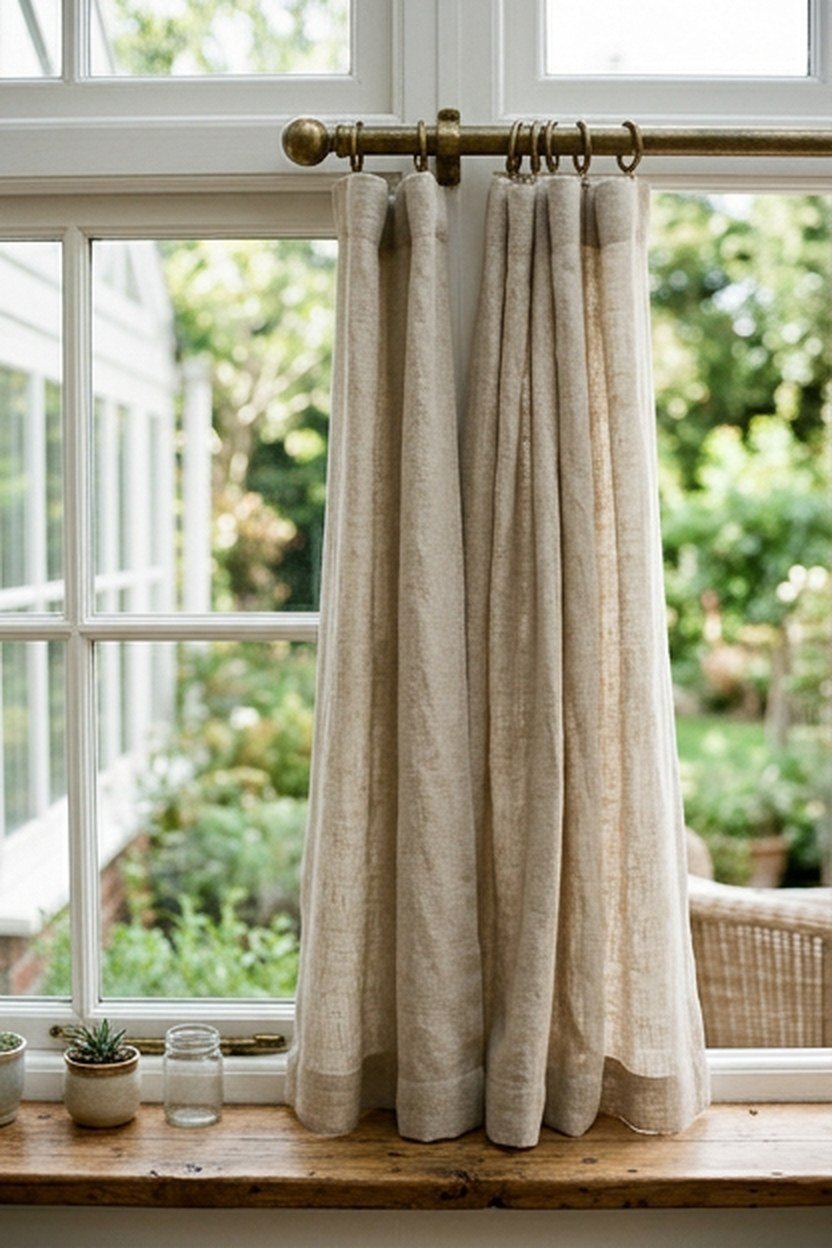 Linen curtain panels softening sunroom window lines