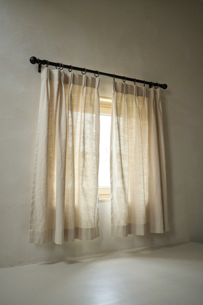 Loose linen curtains hung high and wide across a dressing room window