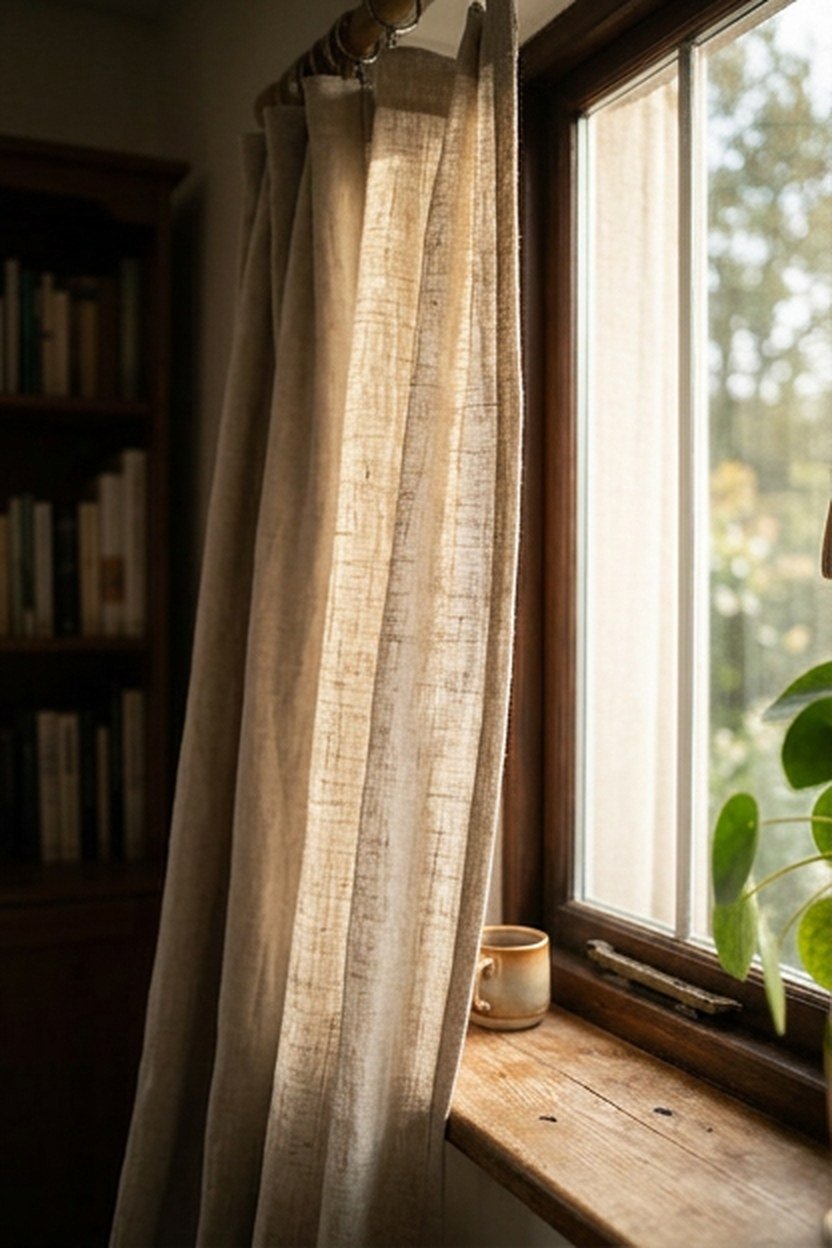 Linen curtains filtering soft light into a home office window