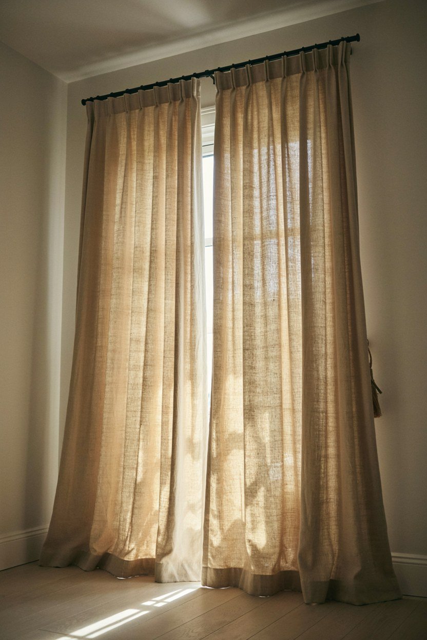 Loose linen curtains hung wide of the reveal and breaking on the floor