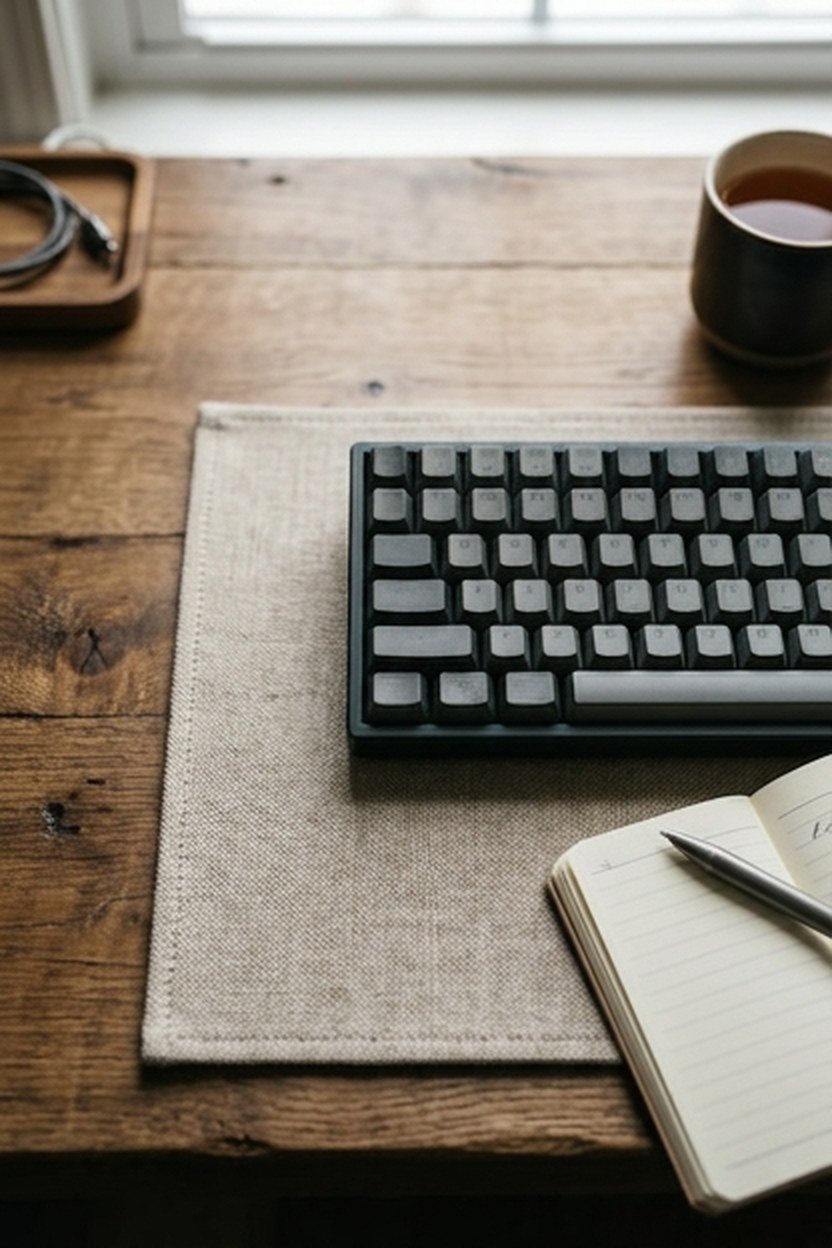 A textured linen desk pad beneath a keyboard in a home office