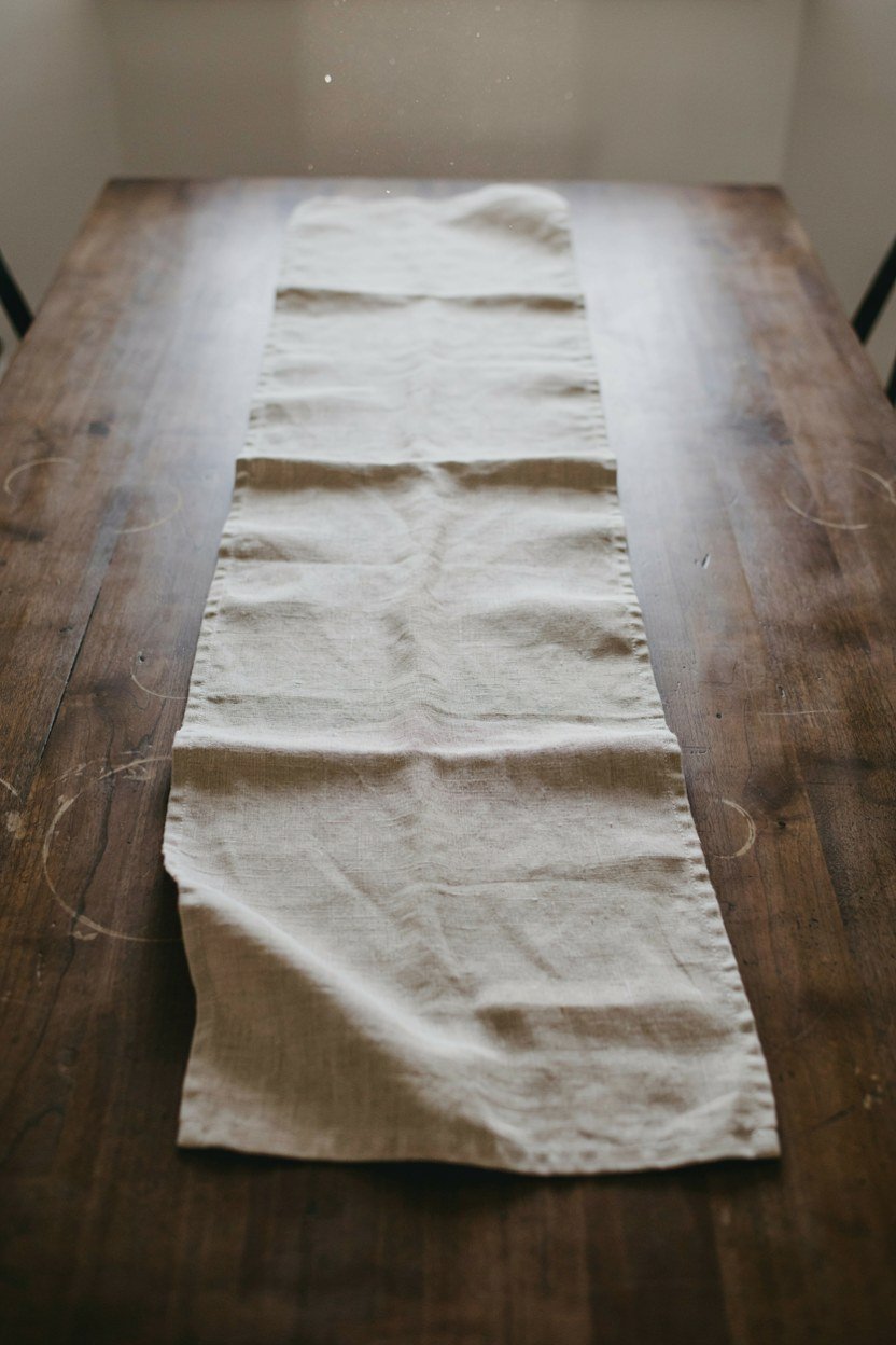 A creased natural linen runner laid down the centre of an old wooden table