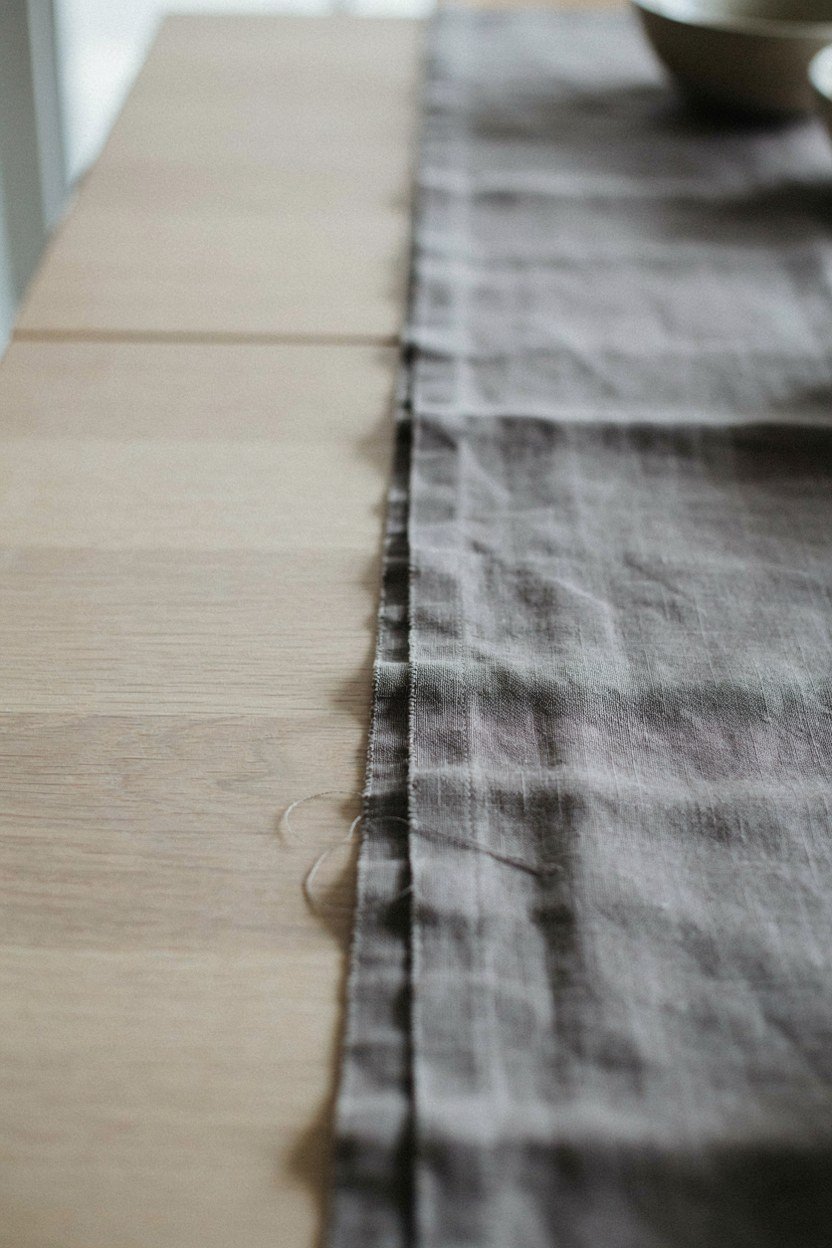 Charcoal linen runner along a pale dining table